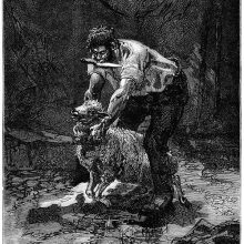 A man leans over a sheep while holding a knife between his teeth