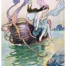 A fairy sits on the edge of a boat made of a nautilus shell floating on the open sea