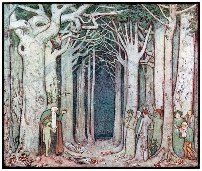 A figure with a long white beard talks to a group of supernatural creatures in a forest