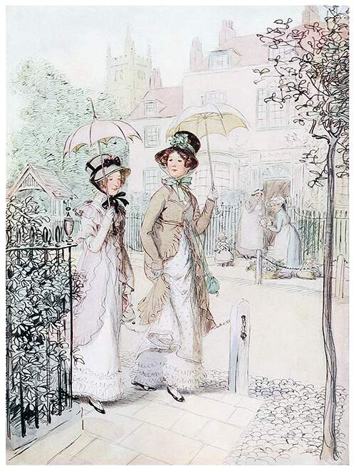 Two women are walking down a street, protecting themselves from the sun with parasols