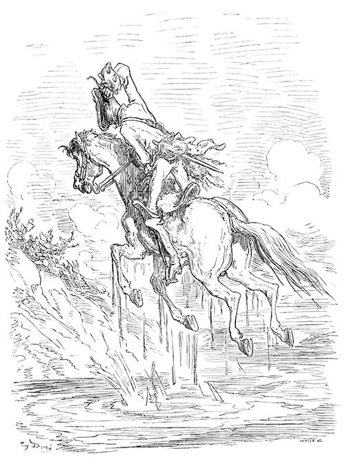 A rider and his horse are suspended over a swamp as the rider keeps pulling on his braid