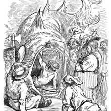 A man is coming out of the mouth of an enormous fish as men standing by watch in wonder