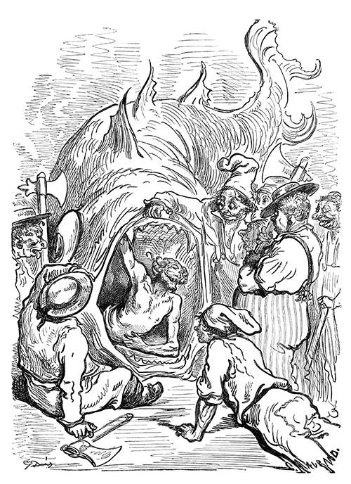 A man is coming out of the mouth of an enormous fish as men standing by watch in wonder