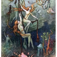 Three nymphs pull on ropes underwater as a wrecked ship is outlined in the background