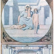 Inside a circular frame, a female figure is sitting on steps in the company of two children