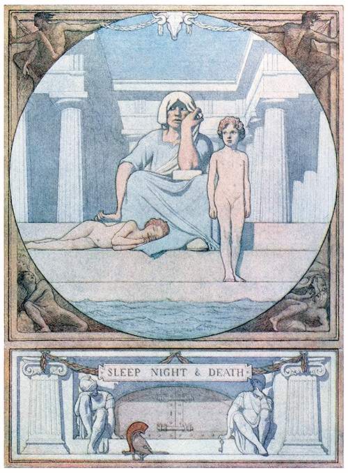 Inside a circular frame, a female figure is sitting on steps in the company of two children