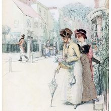 Two young women turn around as a dapper gentleman walks away in a side street
