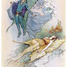 A male creature with butterfly wings hovers over a sleeping female of similar nature