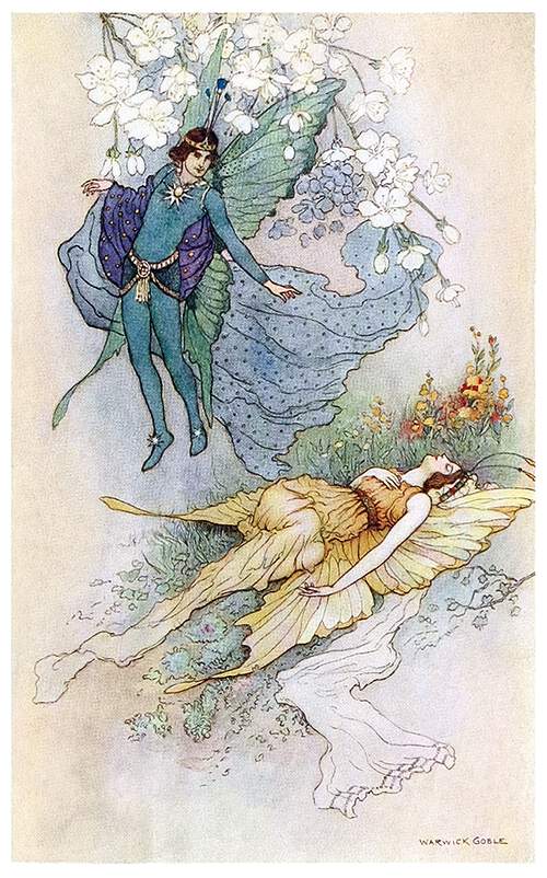A male creature with butterfly wings hovers over a sleeping female of similar nature