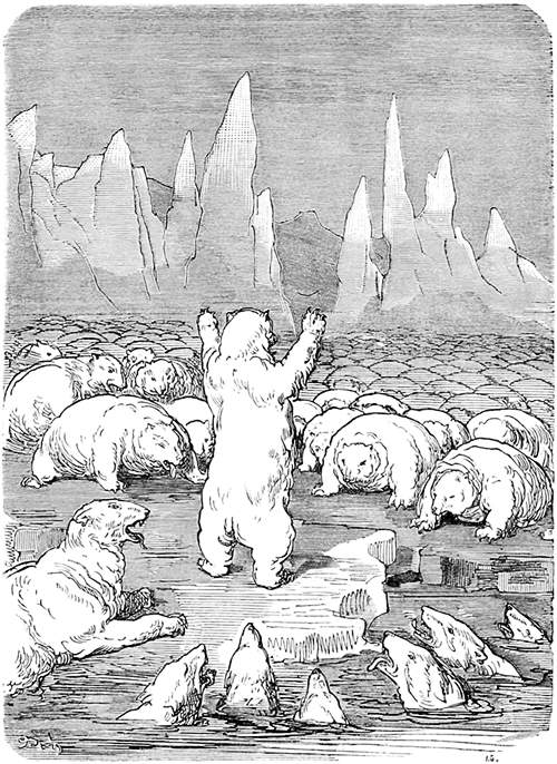 A herd of crawling white bears covers an ice field, surrounding the one bear that stands erect