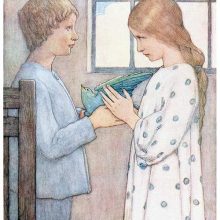 A boy and a girl are seen from the side facing each other and holding a bird in their hands