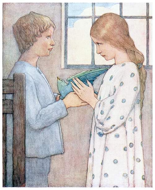 A boy and a girl are seen from the side facing each other and holding a bird in their hands