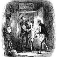 A man helps his companion into a house where a third man holding a candlestick greets them