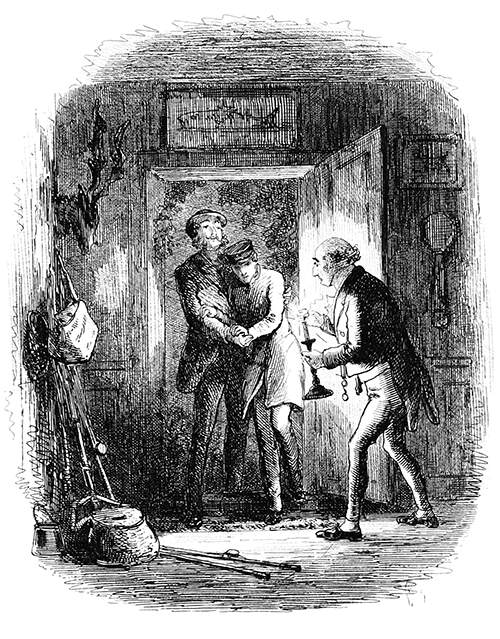 A man helps his companion into a house where a third man holding a candlestick greets them