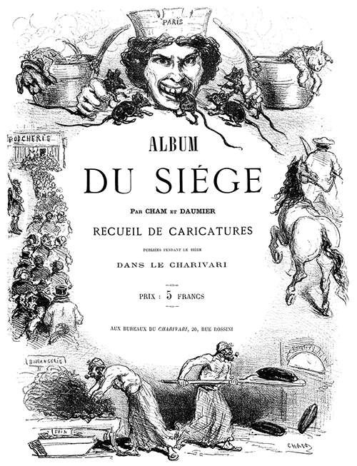 Title page of Album du siège showing a man eating rats and other scenes depicting famine