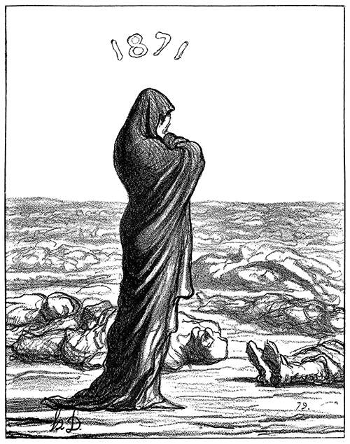 A woman wearing a cloak stands on a battlefield strewn with corpses, pressing her hands to her face