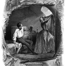 A man is sitting on a bed in an attic room as a woman covers the window with a shawl