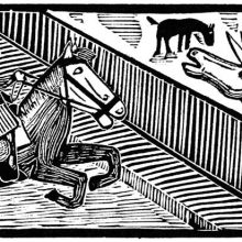 A man riding on horseback has his horse startled by an ass braying on the other side of a fence