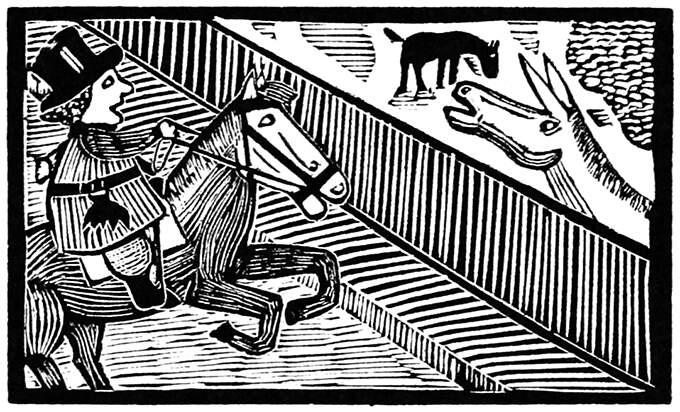 A man riding on horseback has his horse startled by an ass braying on the other side of a fence
