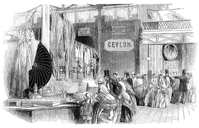 Ceylon department at the Great Exhibition of 1851 with visitors looking at items on display