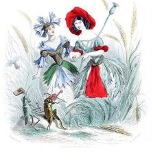 A cornflower and a poppy are depicted as women holding hands among weeds and wheat ears