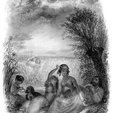 A group of people is taking a rest in the shade of trees as the women make flower wreaths