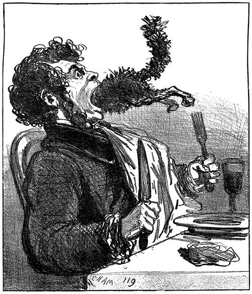 A man sitting at a table and holding his cutlery has a cat diving into his open mouth
