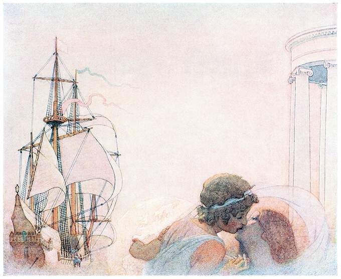 A girl and a young man are kissing as a ship ready to sail waits in the background