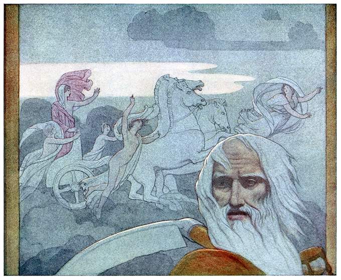 A man symbolizing time stands in the foreground as the chariot of the dawn races across the sky