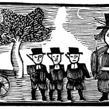 A man holding a sword stands in front of three others with a cannon on their right