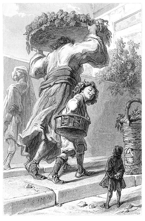 Gulliver stands on a street as a boy and his mother, carrying a tray on her head, pass him by