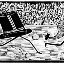 A hat and a wig are running on a road where a horseshoe track can be seen