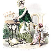 Hemlock is depicted as a woman using a pestle and mortar as a frog lies dead at her feet