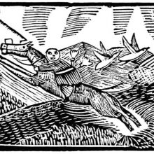 A man is riding a bolting horse across fields, scaring birds away