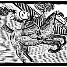 A man rides a horse galloping through the streets an loses his hat and wig