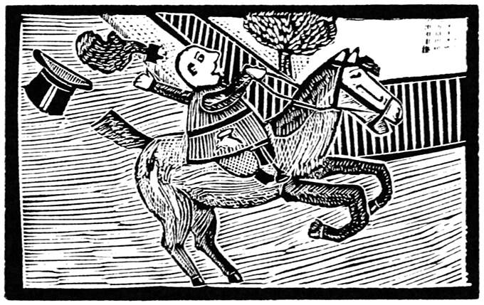 A man rides a horse galloping through the streets an loses his hat and wig