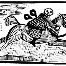 A man with two bottles hanging from his belt is riding a galloping horse.