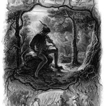 A man sitting on a rock plays the violin in the night while creatures dance in the woods