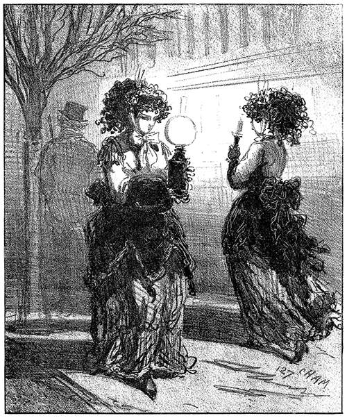 A woman walks in the street carrying an oil lamp and passes another holding a candlestick