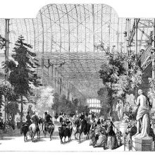 View of the Crystal Palace lined with vegetation as people on foot or on horseback go to and fro