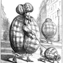 A woman and her dog are wearing grotesquely padded garments giving their silhouettes an egg shape