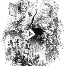 A man is up a ladder, trying to take down a sign shaped as a fish hanging above his head