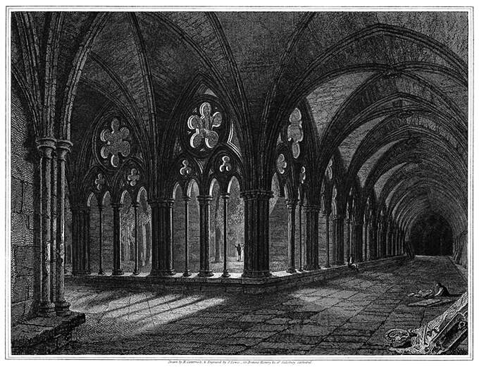 Perspective view of the cloister of Salisbury Cathedral as seen from the North-East