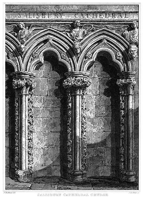 Gothic niches of the old organ screen of Salisbury Cathedral, showing ornate columns
