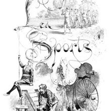 Series of drawings showing men marching in the country, women lifting weights, a bicycle, etc.