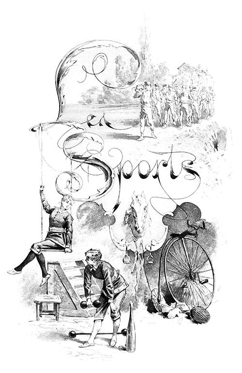 Series of drawings showing men marching in the country, women lifting weights, a bicycle, etc.