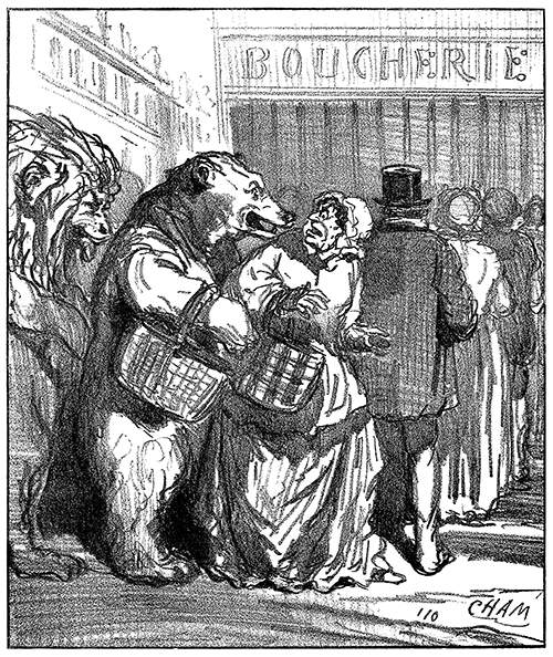 A lion and a bear stand in line at a butcher's shop, scaring the woman in front of them