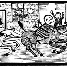 A man riding a galloping horse through the streets is pursued and shouted at by the onlookers