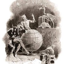A young man is sitting with a book on his lap while another points at a large globe beside him
