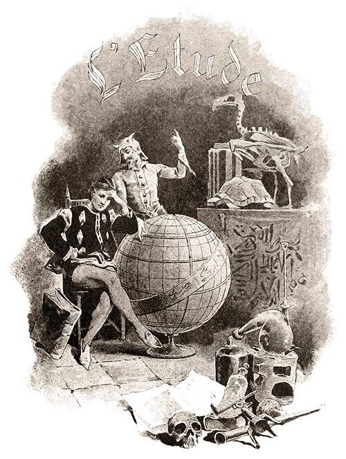 A young man is sitting with a book on his lap while another points at a large globe beside him